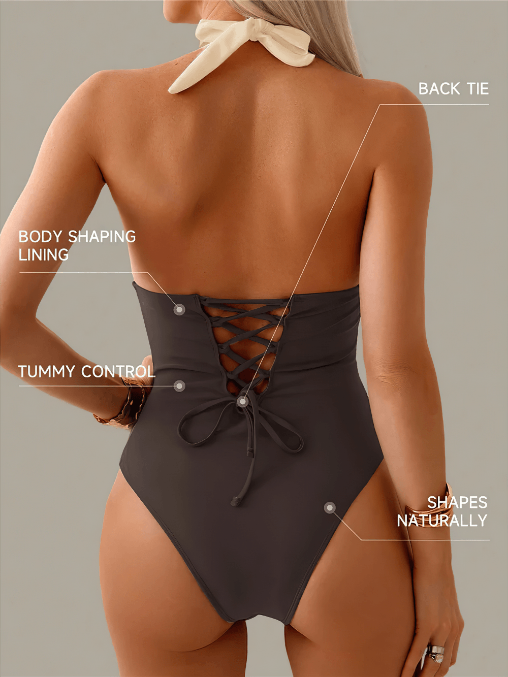 Color Block Halter One Piece Swimsuit for Women - SF4613 back view showing lace-up detail, body shaping lining, and tummy control.