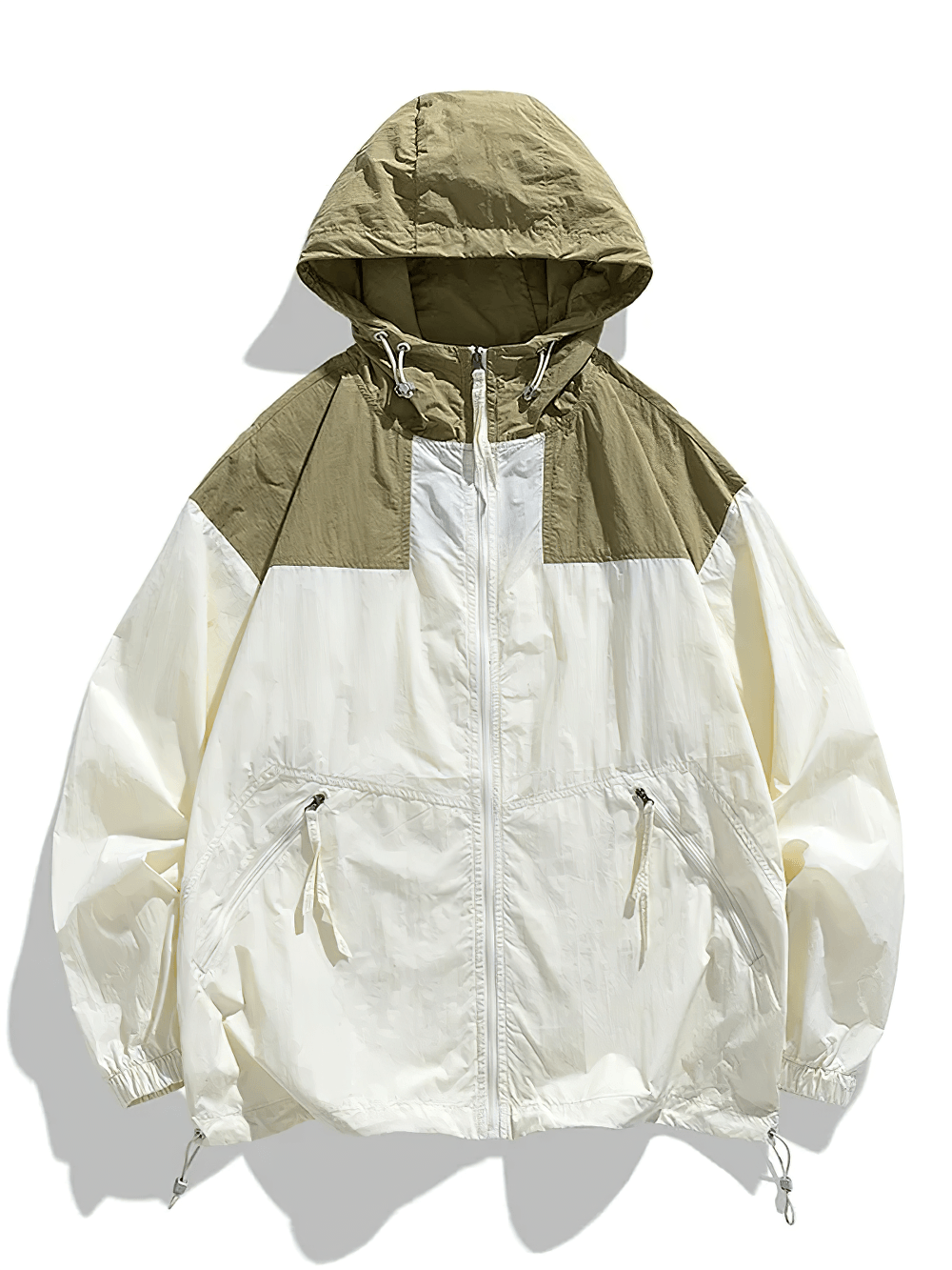 Color Block Hooded Windbreaker Jacket with Pockets - SF4725 in cream and olive, showcasing sporty streetwear style.