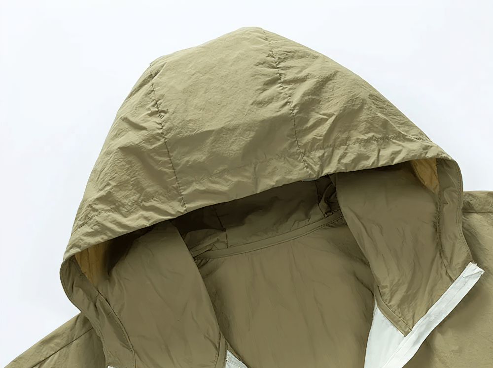 Color Block Hooded Windbreaker Jacket with Pockets - SF4725 hood detail in olive green color.