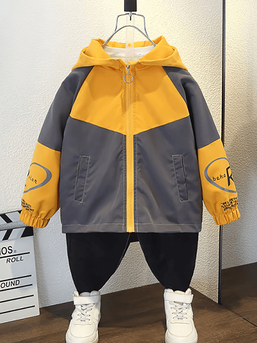 Kids Color Block Letter Zipper Windbreaker Jacket - SF3560 with bold design, zipper, letter print, and adjustable hood on display.