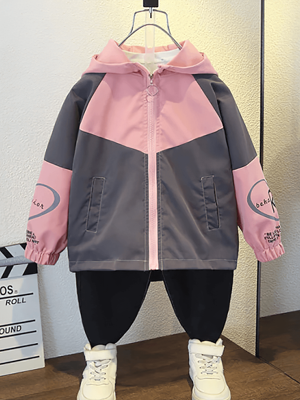 Kids Color Block Letter Zipper Windbreaker Jacket - SF3560 with adjustable hood and elastic cuffs. Perfect for outdoor adventures.