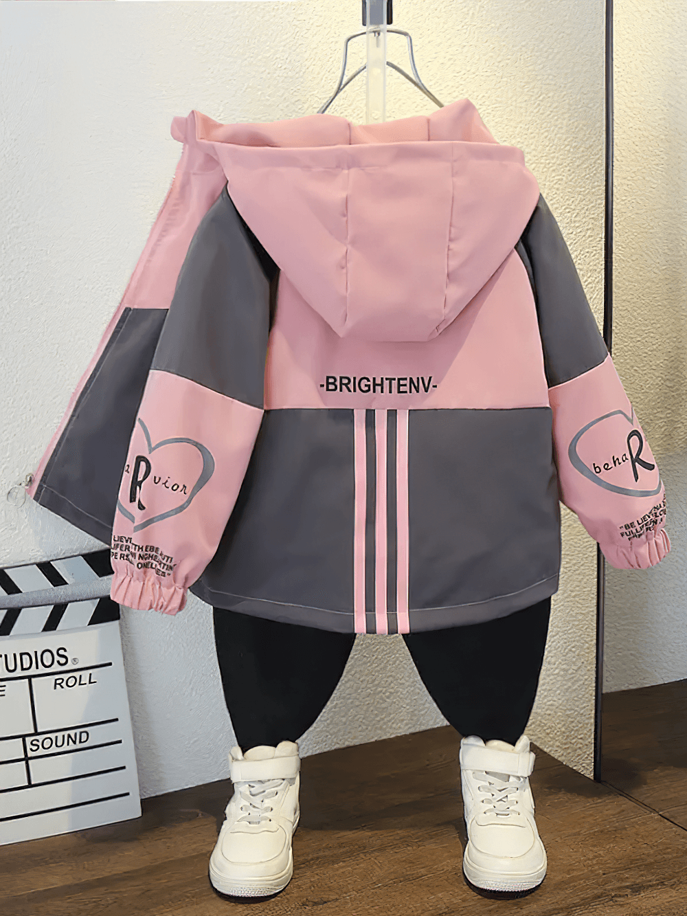 Kids Color Block Letter Zipper Windbreaker Jacket - SF3560 in pink and grey with hood on display stand.