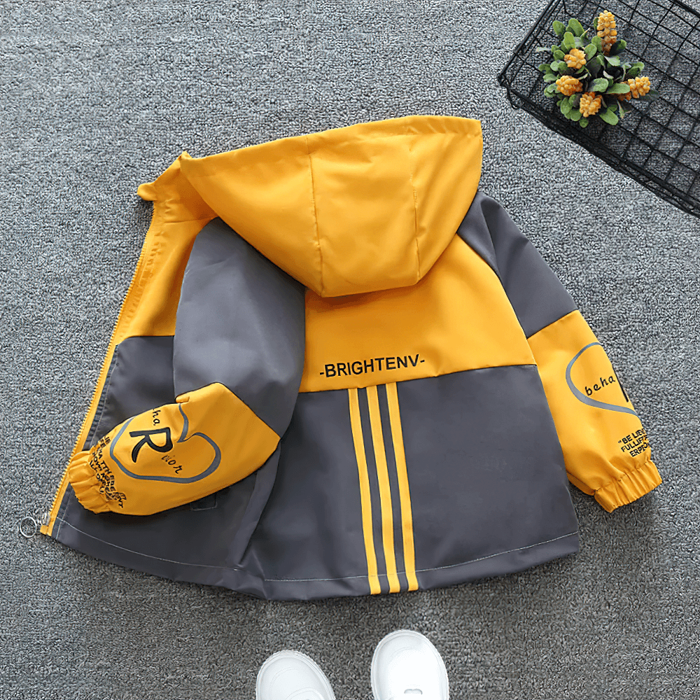 Trendy Kids Color Block Letter Zipper Windbreaker Jacket - SF3560, yellow and gray, with hood and elastic cuffs for outdoor adventures.