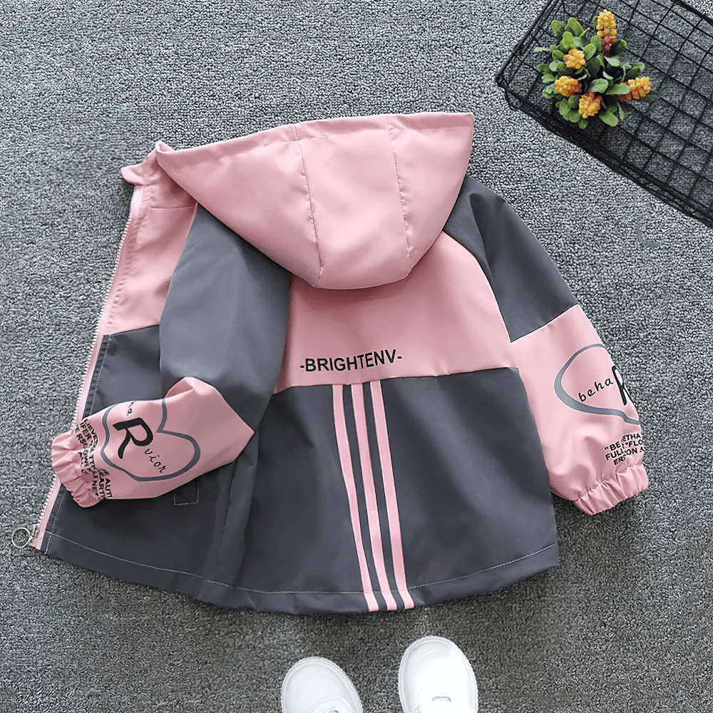 Kids Color Block Letter Zipper Windbreaker Jacket - SF3560 with pink and gray color block design, adjustable hood, and letter print.
