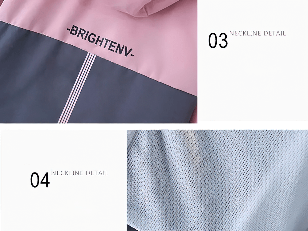 Color Block Letter Zipper Windbreaker Jacket - SF3560 neckline detail showing BRIGHTENV letter print and fabric texture close-up.