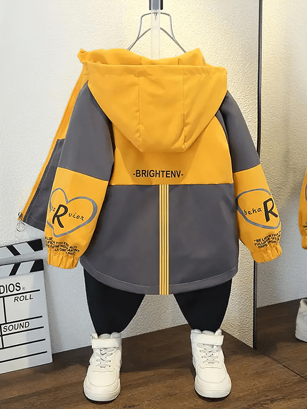 Kids Color Block Letter Zipper Windbreaker Jacket - SF3560 with hood and elastic cuffs on display for outdoor fun