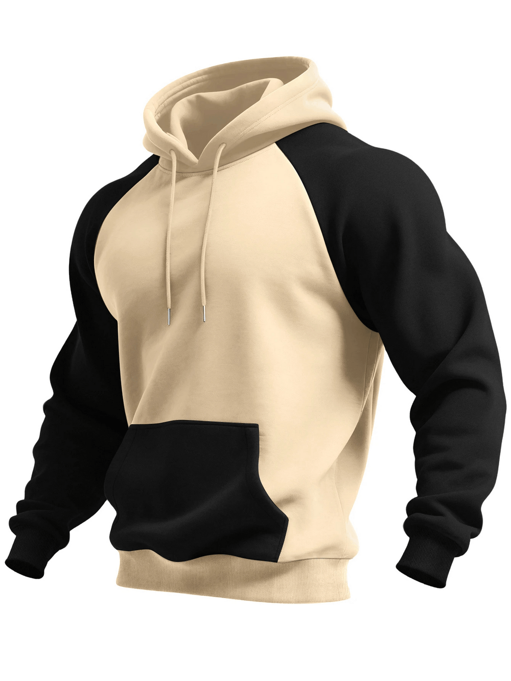 Color Block Pullover Hoodie with Raglan Sleeves - SF4602 in beige and black, perfect for workouts and casual wear.
