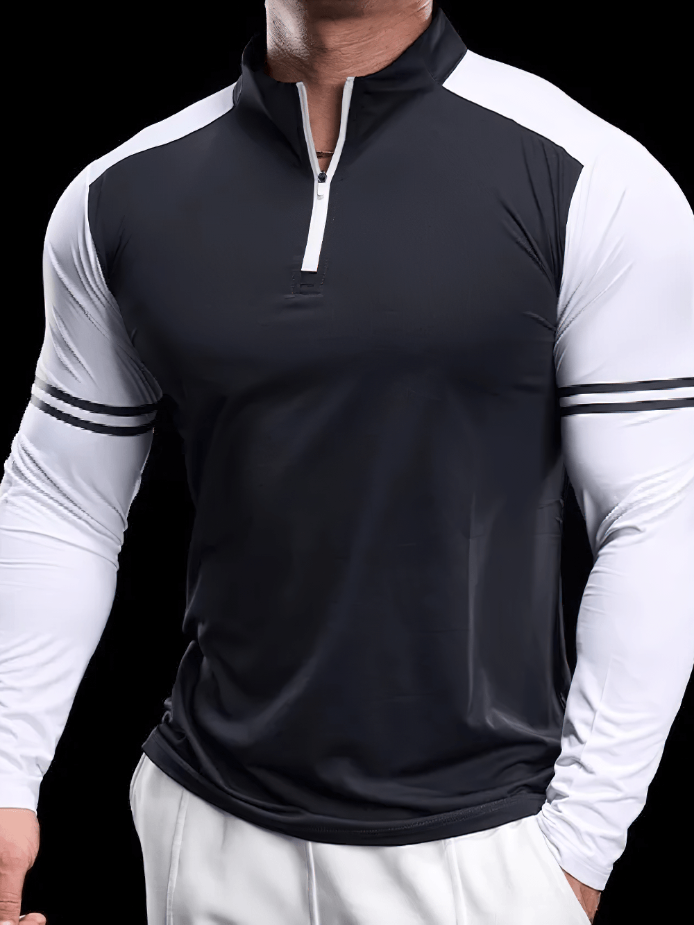 Color Block Quarter Zip Long-Sleeved Training Top - SF4739 in black with white contrast sleeves and sleek athletic fit.