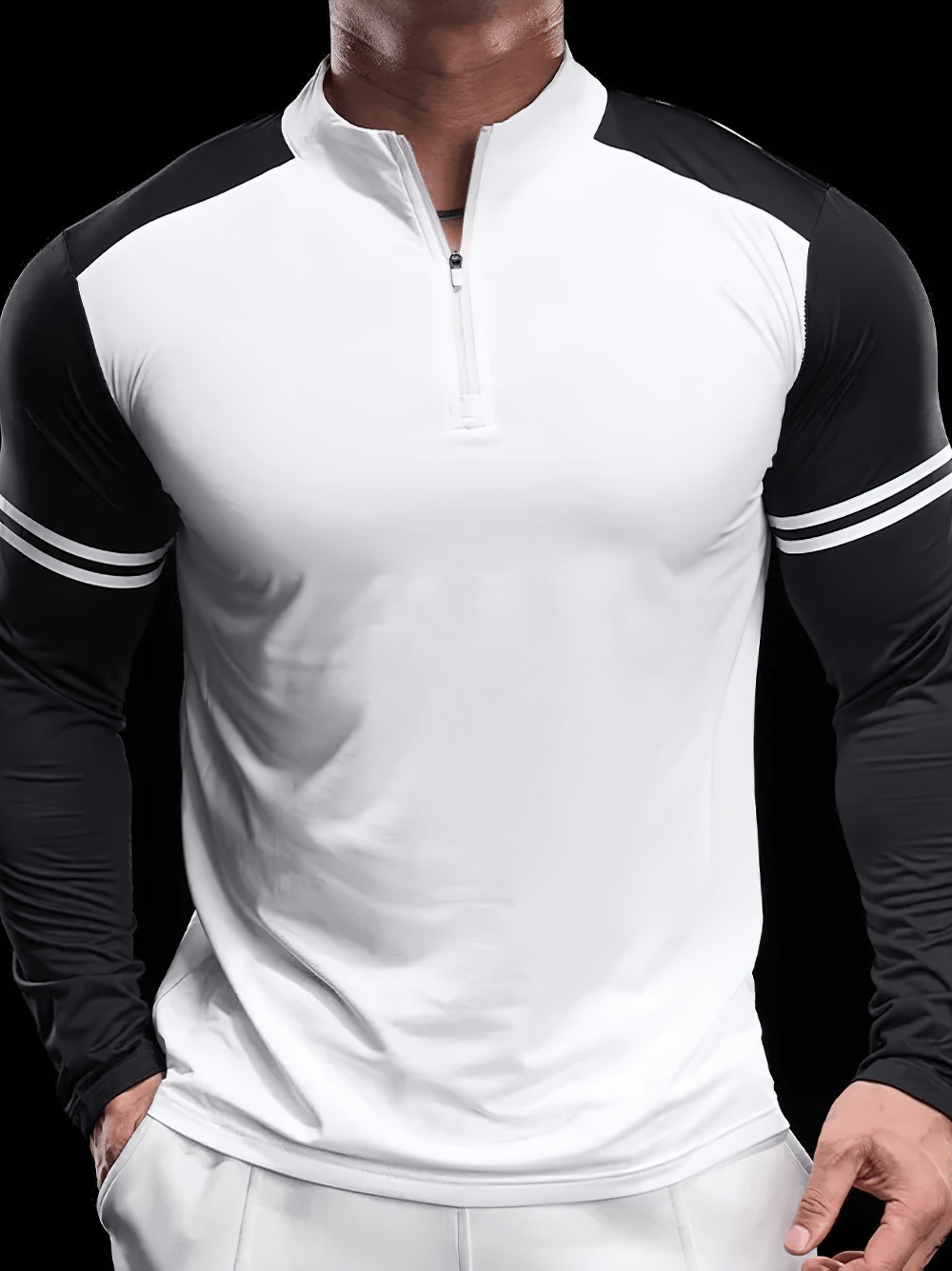 Color Block Quarter Zip Long-Sleeved Training Top - SF4739, featuring slim fit design with contrast sleeve stripes.