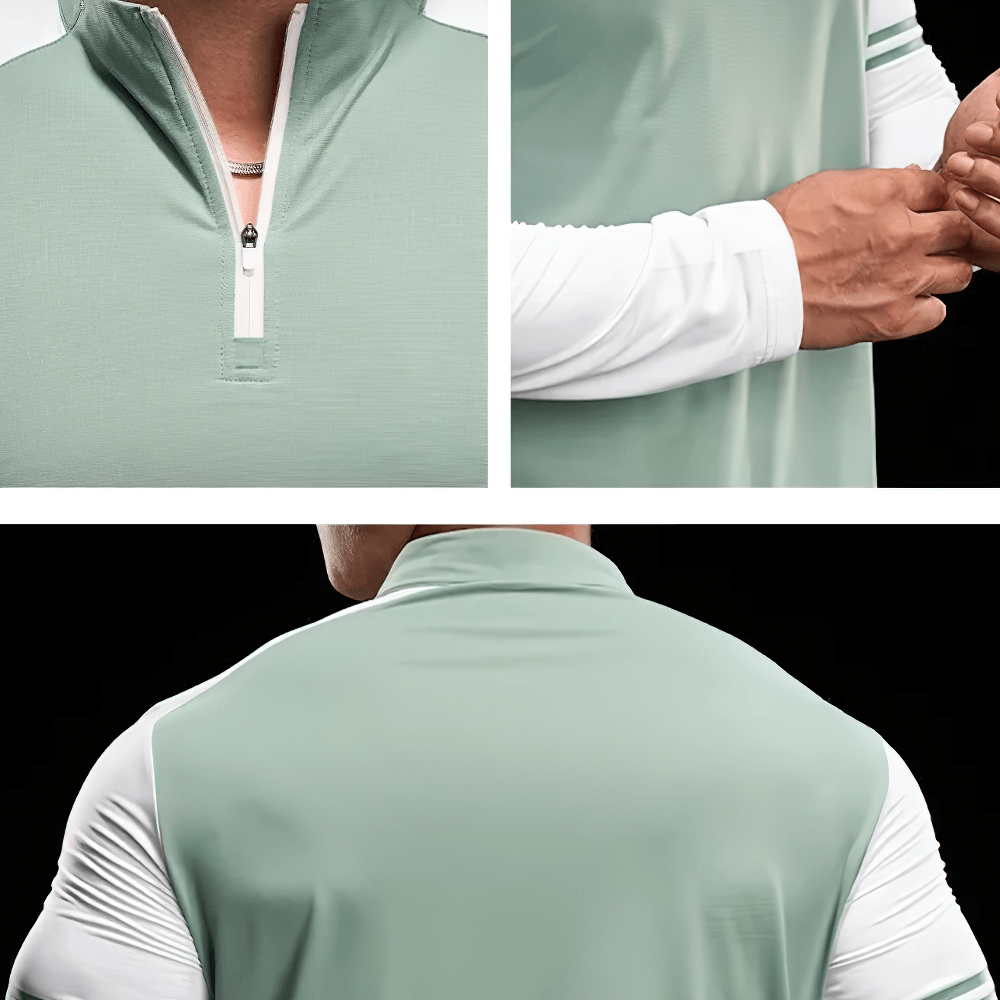 Color Block Quarter Zip Long-Sleeved Training Top - SF4739 in sage green with white detail for active workouts.