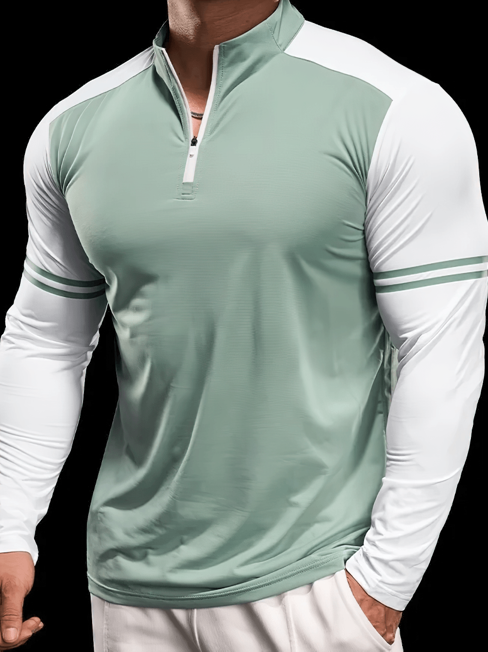 Color Block Quarter Zip Long-Sleeved Training Top - SF4739 in sage green with white sleeves and contrast stripes.
