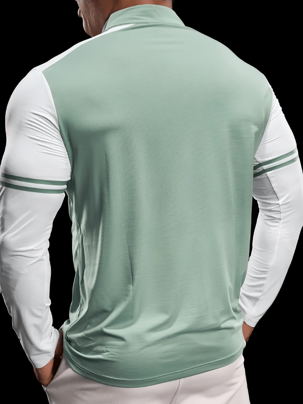 Color Block Quarter Zip Long-Sleeved Training Top - SF4739 in sage green with white stripes.