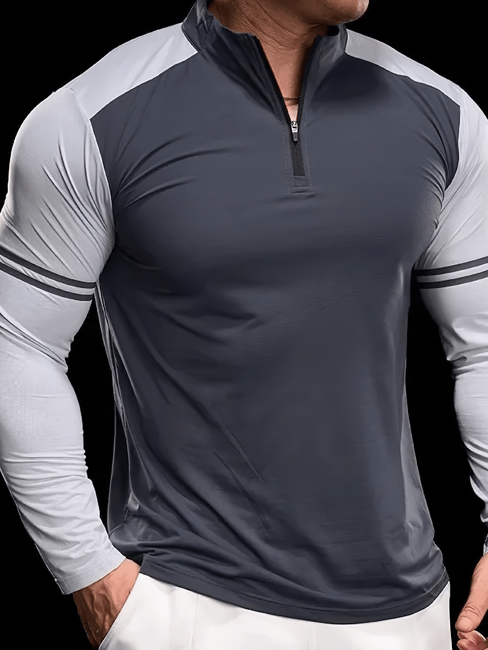Color Block Quarter Zip Long-Sleeved Training Top - SF4739 in grey with contrasting sleeves, perfect for workouts.
