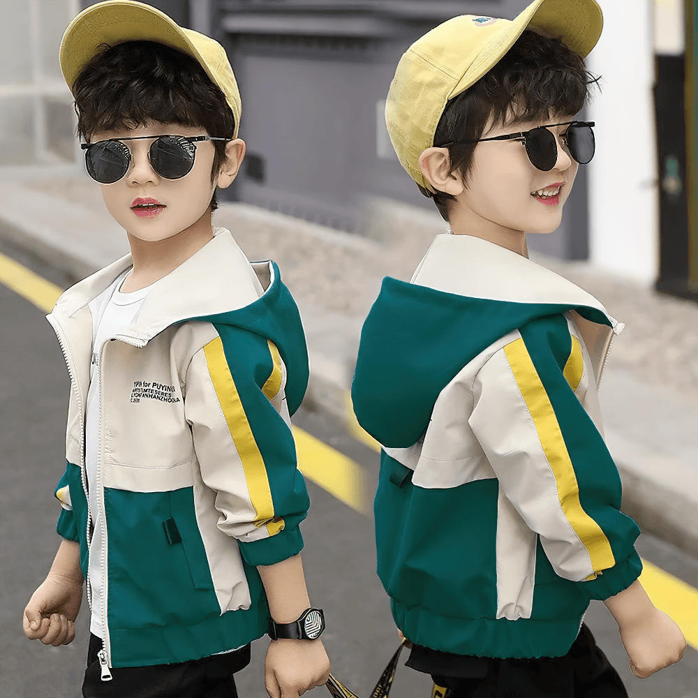 Boy wearing Color Block Zip Windbreaker Hooded Jacket - SF3547 in bold color-block pattern with hood and elastic cuffs.
