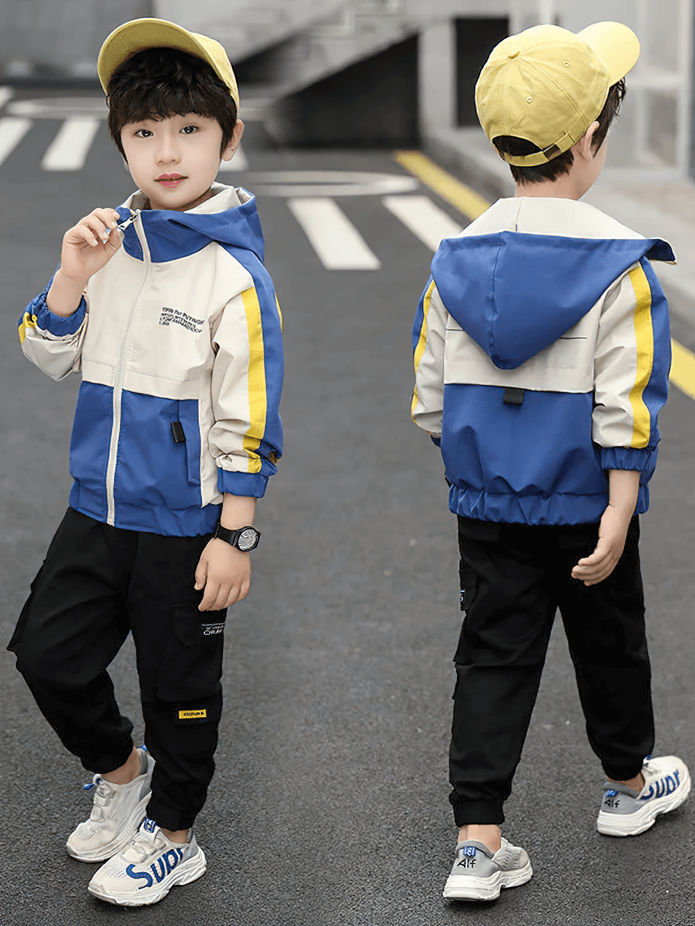 Boy wearing Color Block Zip Windbreaker Hooded Jacket - SF3547, blue and yellow, with elastic cuffs, perfect for outdoor play or school days.