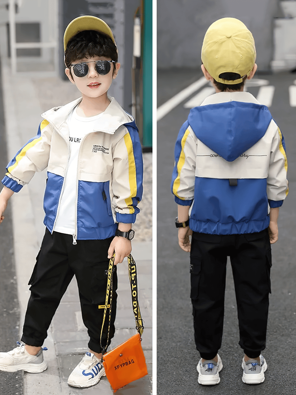 Boys wearing Color Block Zip Windbreaker Hooded Jacket - SF3547 in blue, showcasing front and back, stylish for outdoor play.