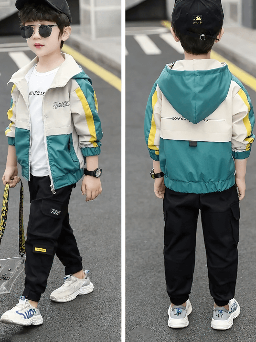 Boy wearing Color Block Zip Windbreaker Hooded Jacket - SF3547, stylish for outdoor play, with jeans and sneakers.