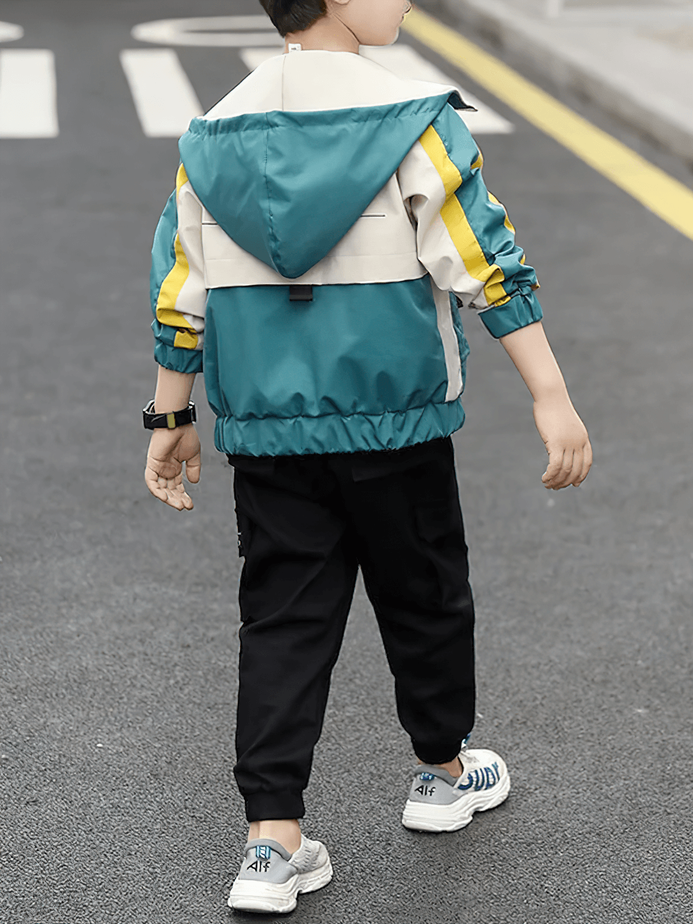 Boy wearing Color Block Zip Windbreaker Hooded Jacket - SF3547 in blue, walking on a street.