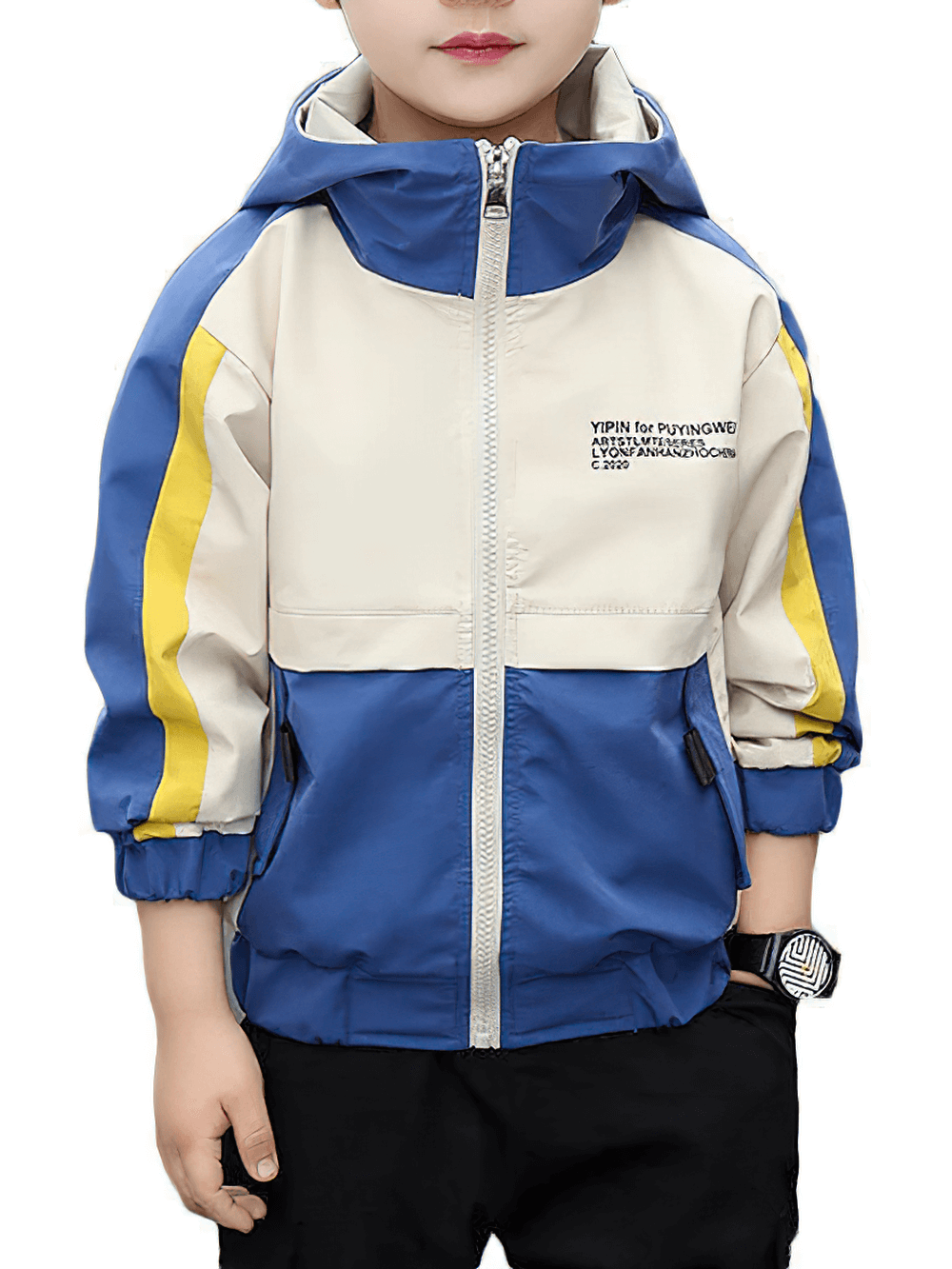 Color Block Zip Windbreaker Hooded Jacket - SF3547: Boys' lightweight jacket with blue and yellow color-block design, full zipper, and hood.
