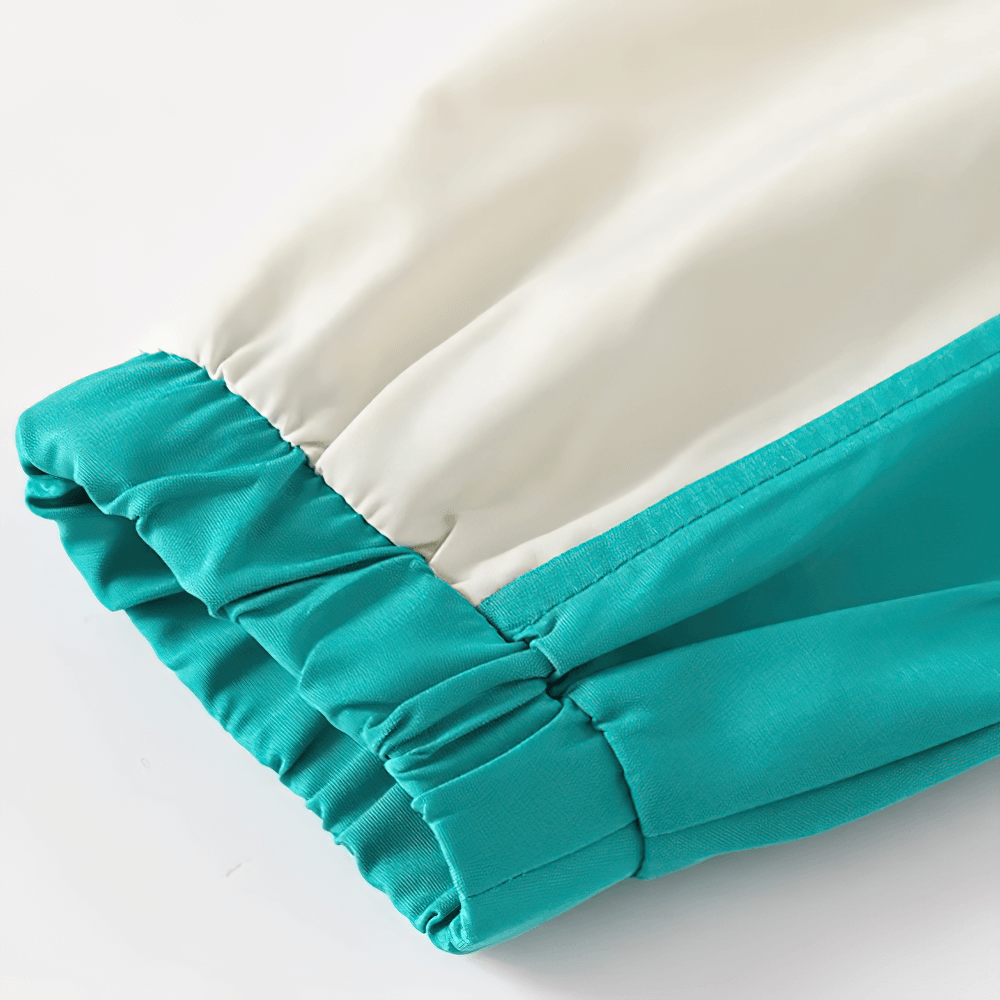 Close-up of Color-Blocked Zipper Hooded Windbreaker Jacket - SF3714 with teal and white sleeves