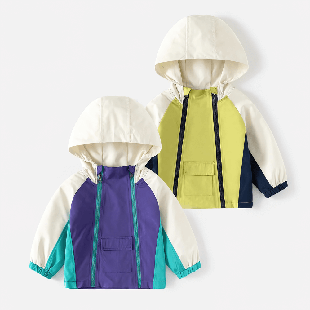 Color-Blocked Zipper Hooded Windbreaker Jacket - SF3714 for kids in vibrant colors with double zipper and hooded design.