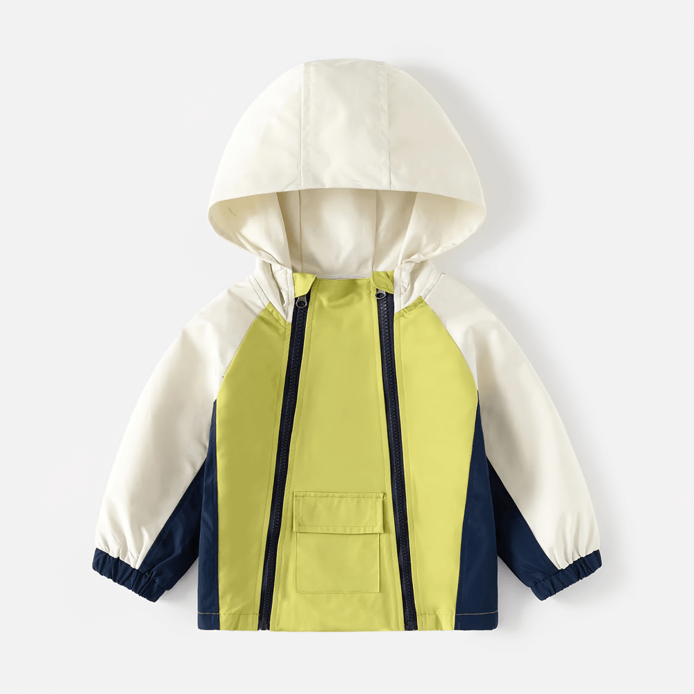 Color-Blocked Zipper Hooded Windbreaker Jacket - SF3714 for kids in yellow, navy, and white with double zip and pocket design.