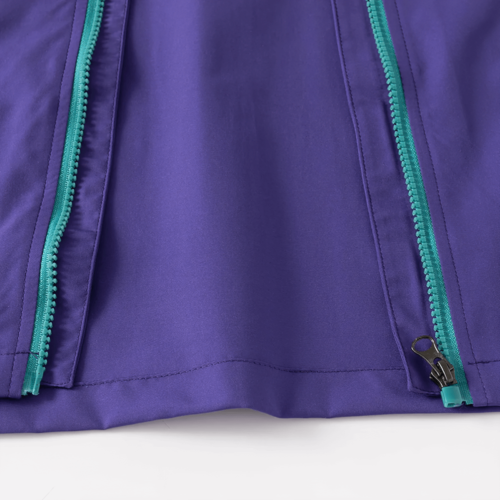 Close-up of child's Color-Blocked Zipper Hooded Windbreaker Jacket - SF3714 showing double zipper design in purple and turquoise.