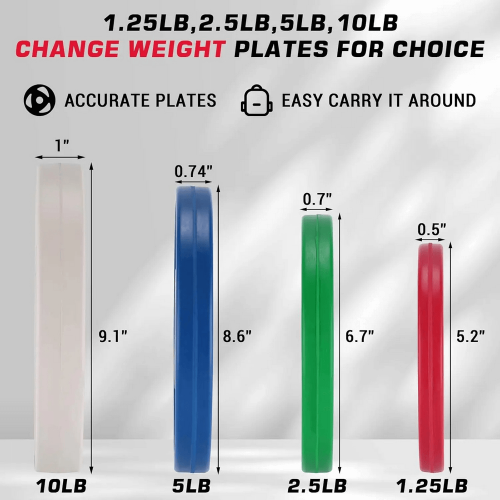 Color-coded weight plates set with dimensions for 1.25lb to 10lb options, designed for precise strength training and easy carrying.