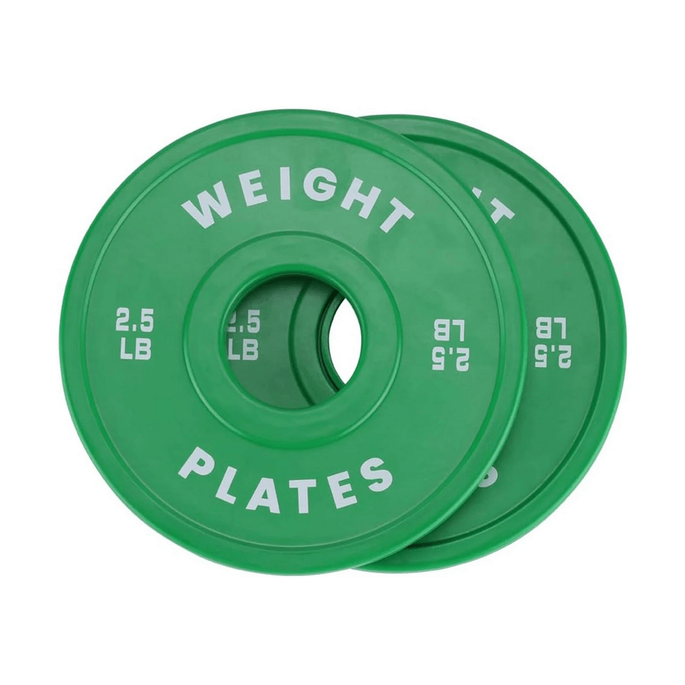 Green color-coded 2.5 lb weight plates designed for barbell strength training and easy weight identification, ideal for home gym use.