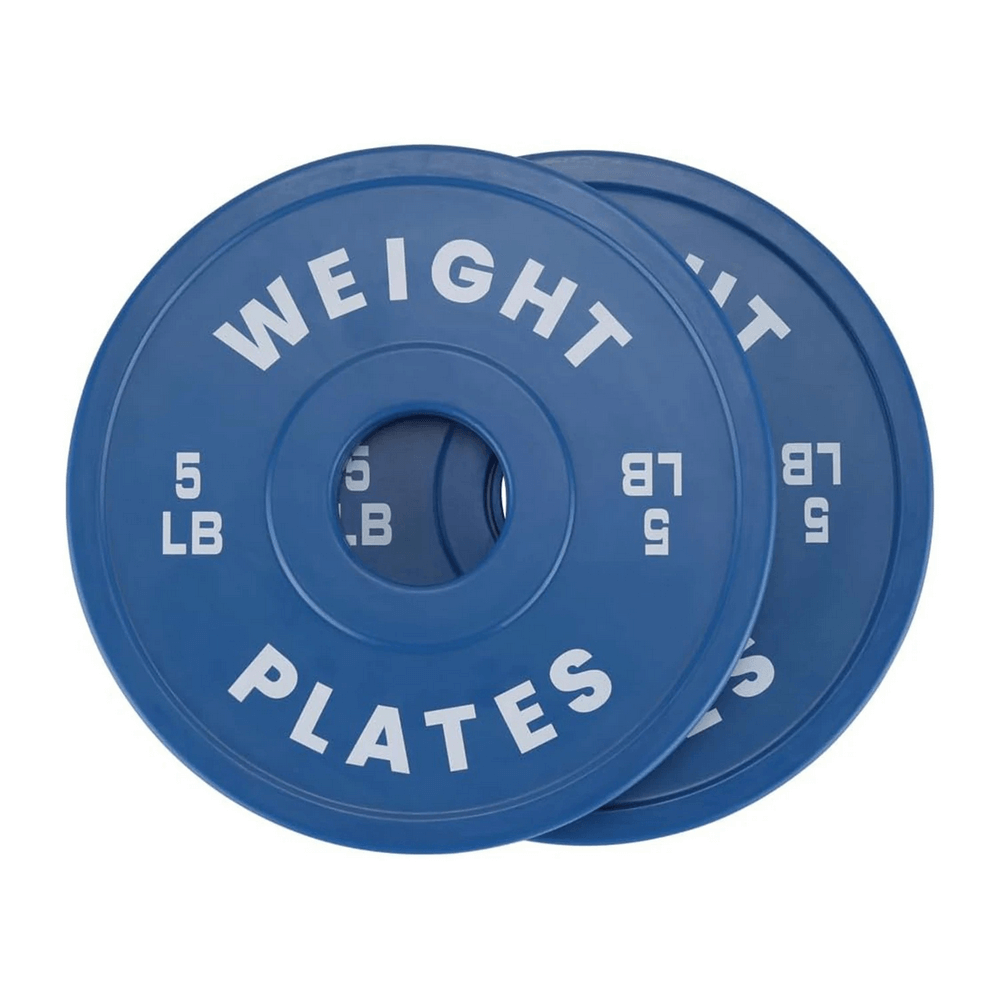 Blue color-coded weight plates with 5 lb label for strength training, featuring durable design for gym and home workouts.