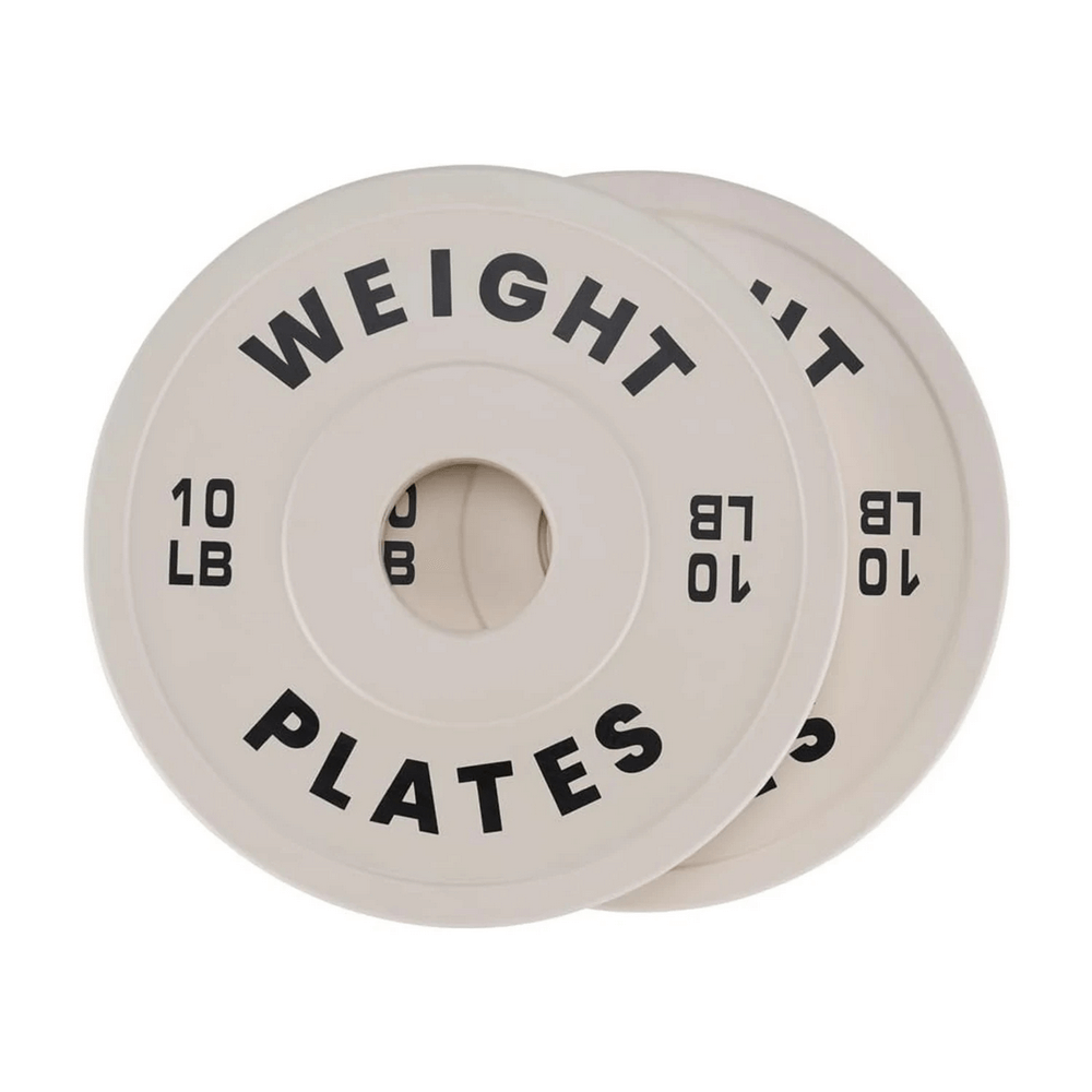 Color-coded weight plates set for strength training, 10 lb, ideal for gym and home workouts, featuring durable design and low noise.