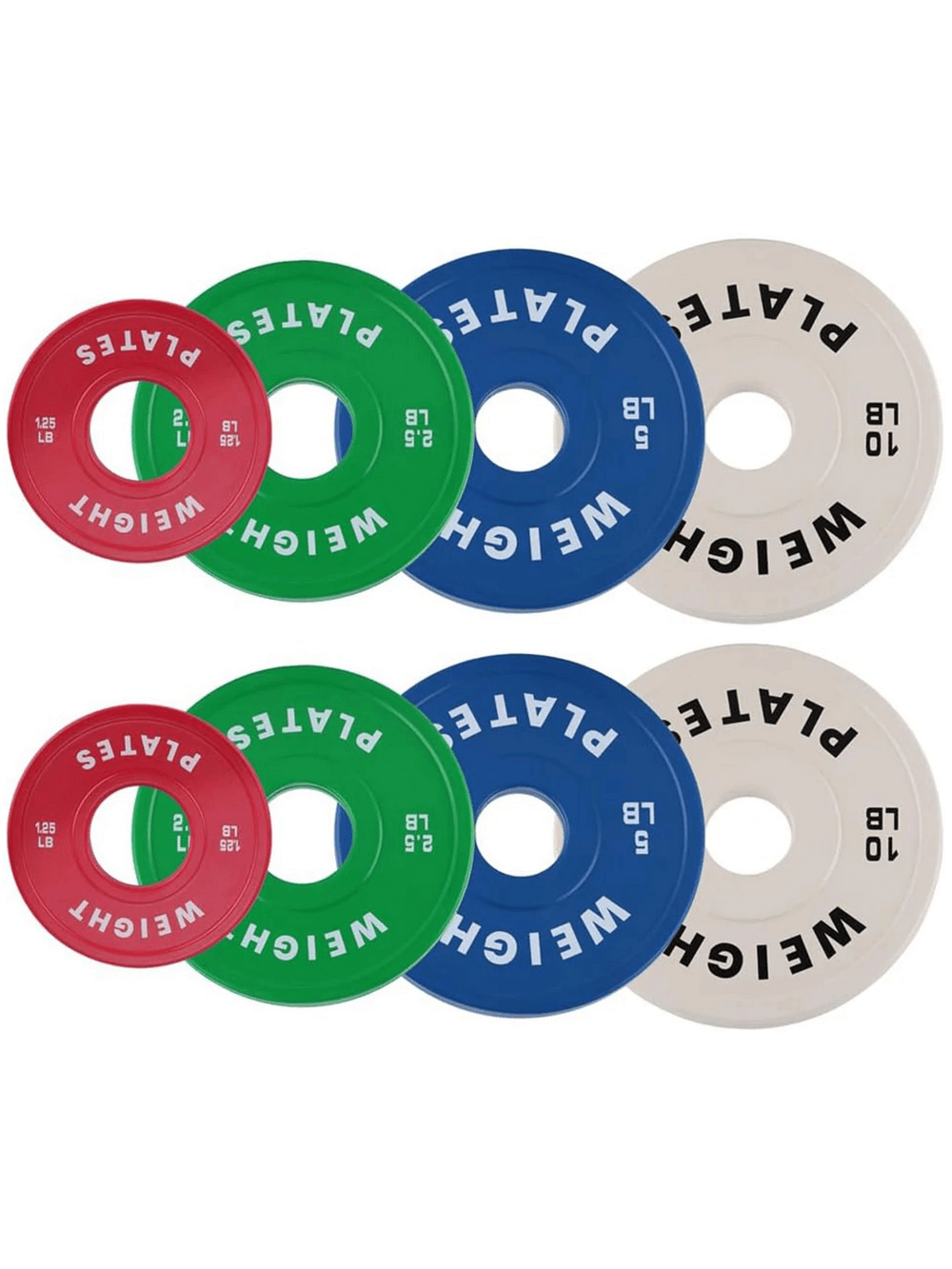 Color-coded weight plates set for strength training, featuring durable, low-noise performance for gym and home workouts.