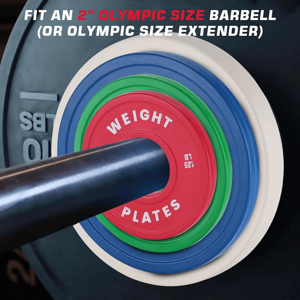 Color-coded weight plates on barbell - ideal for strength training, low noise, durable design for gym or home workouts.