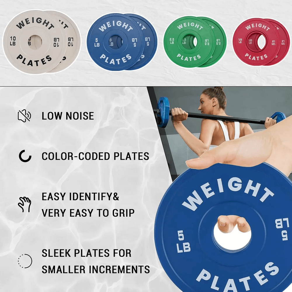 Color-coded weight plates for strength training with low noise, easy grip, and sleek design for precise workouts.