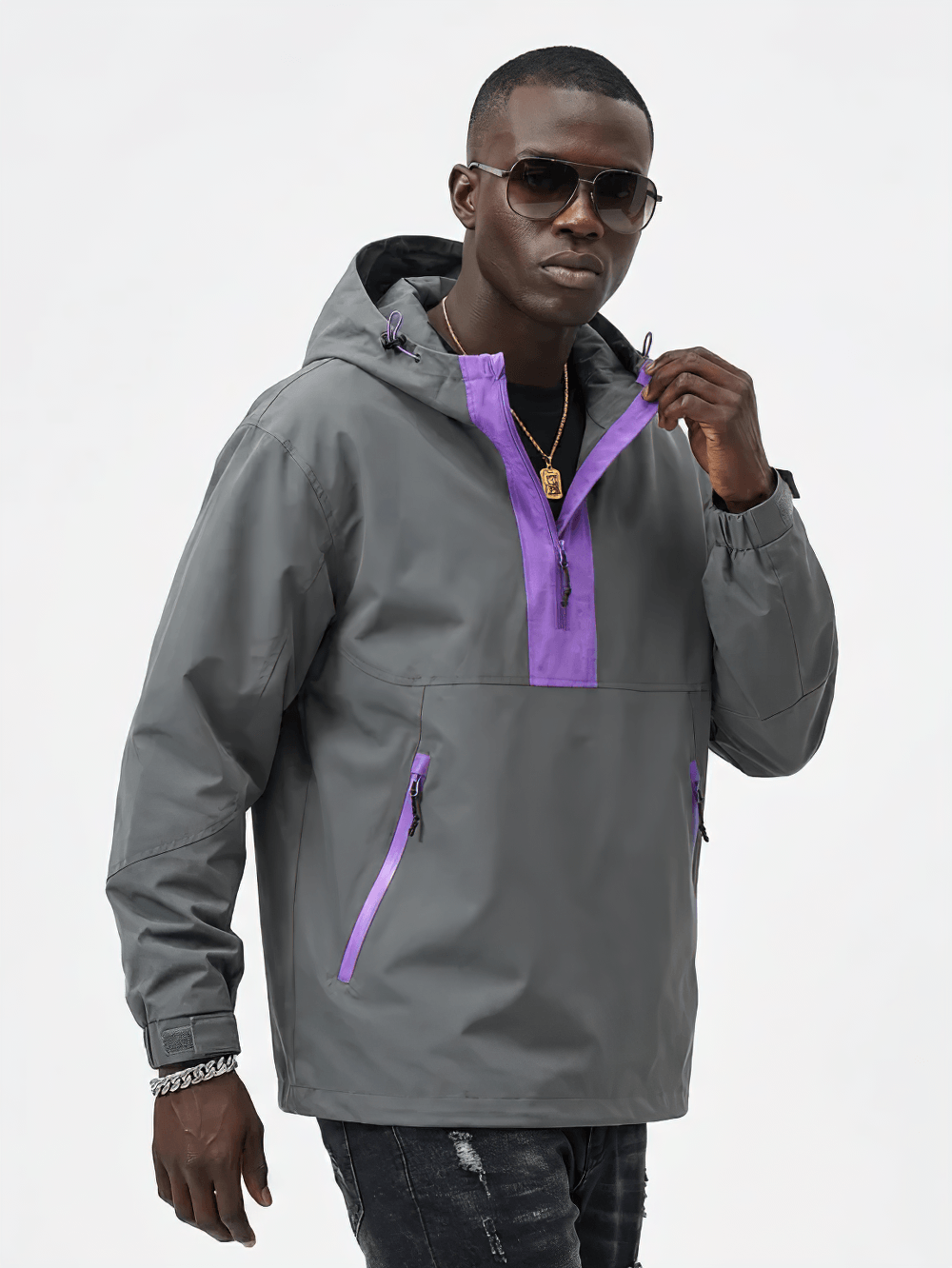Colorblock Half Zip Hooded Windbreaker Jacket - SF4689 in gray and purple, perfect for outdoor adventures.