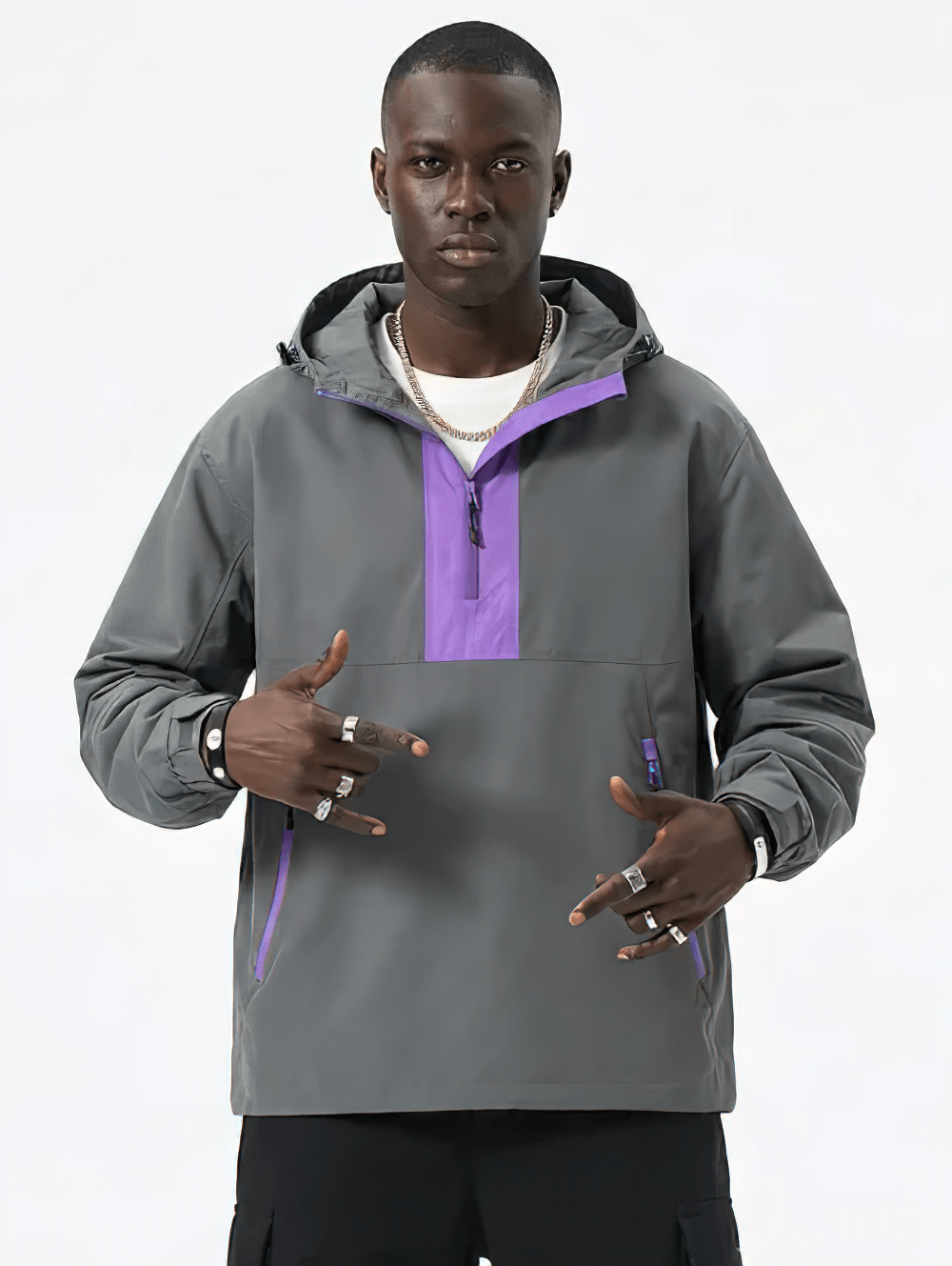 Colorblock Half Zip Hooded Windbreaker Jacket - SF4689 modeled by a young man in gray and purple.