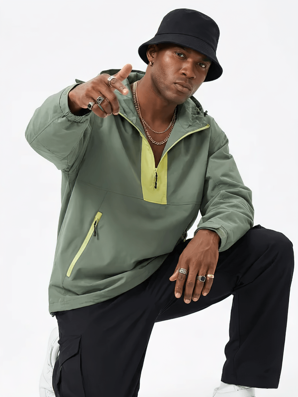 Colorblock Half Zip Hooded Windbreaker Jacket - SF4689 on a model, featuring a stylish green and yellow design.