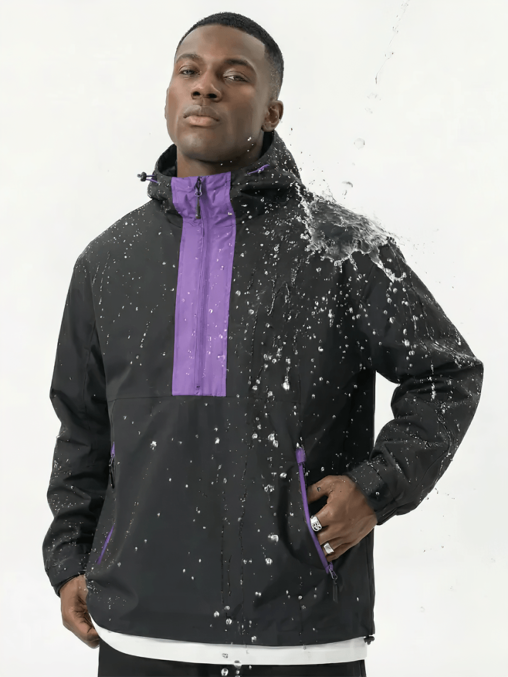 Colorblock Half Zip Hooded Windbreaker Jacket - SF4689, model wearing a stylish black and purple jacket, water resistant.