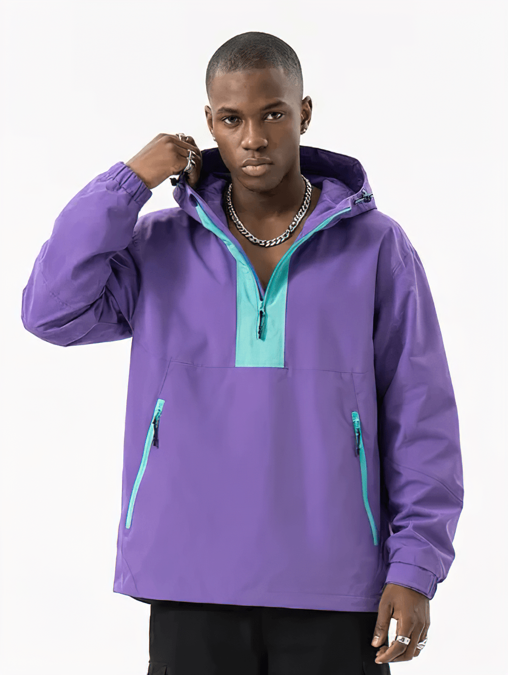 Colorblock Half Zip Hooded Windbreaker Jacket - SF4689 worn by model in purple and teal colors.