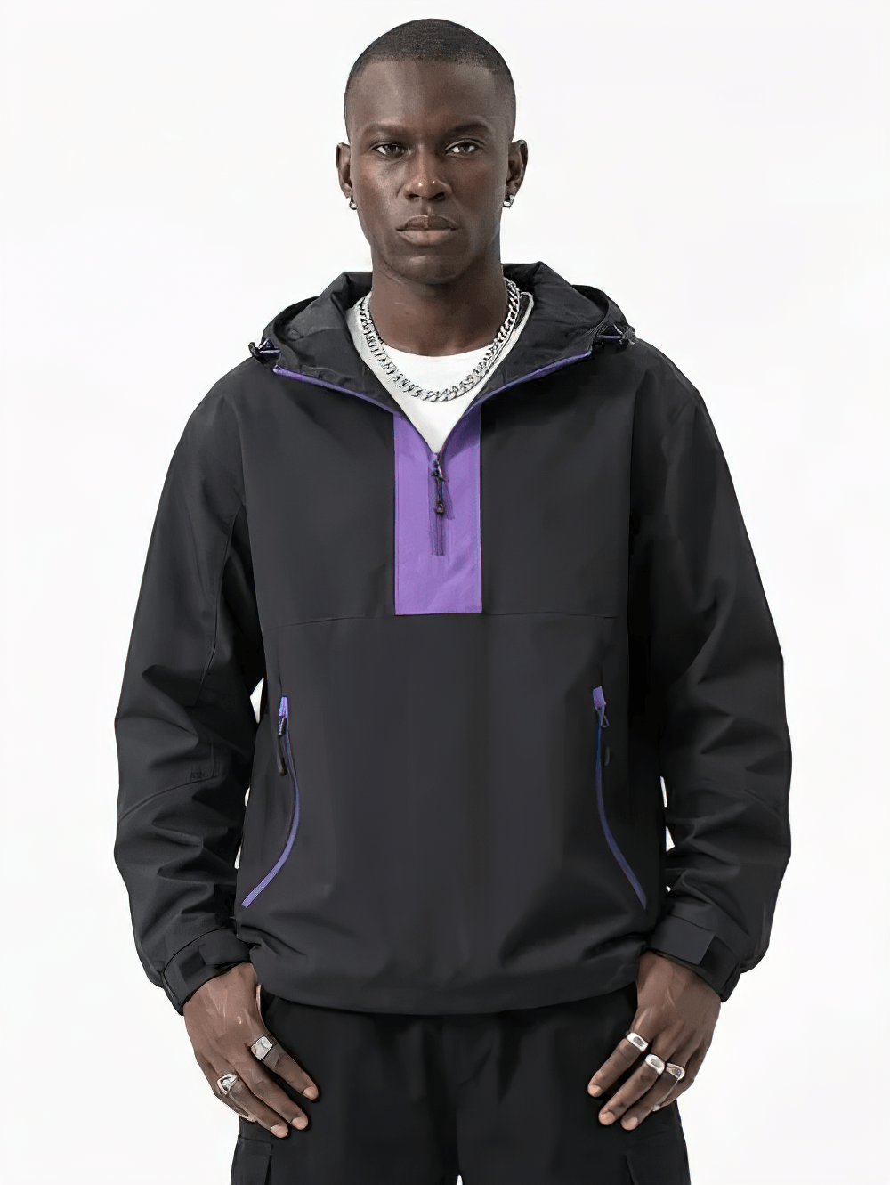 Colorblock Half Zip Hooded Windbreaker Jacket - SF4689 worn by a model, showcasing its stylish design and functionality.