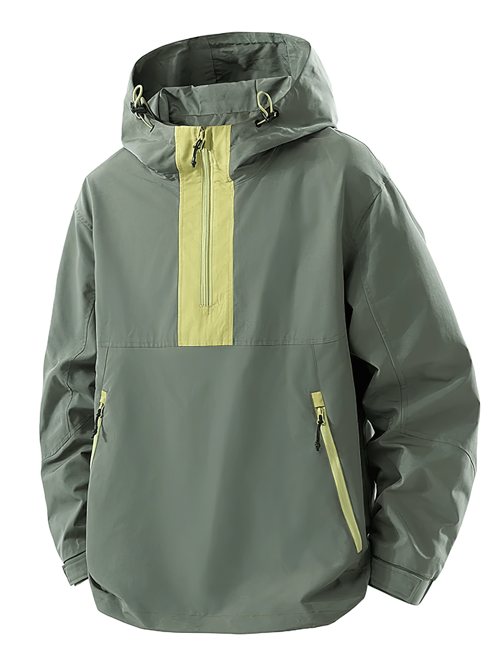Colorblock Half Zip Hooded Windbreaker Jacket - SF4689 in olive green with yellow accents and zippers.