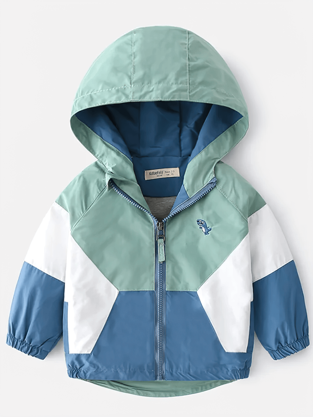 Colorblock Hooded Windbreaker Jacket for Kids - SF3603 in green and blue, featuring a stylish patchwork design with a front zipper and hood.