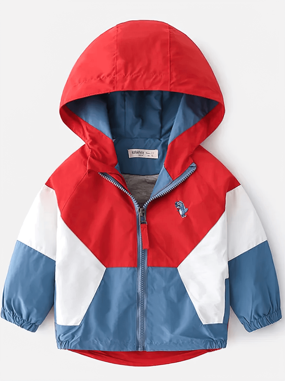 Colorblock Hooded Windbreaker Jacket for Kids - SF3603, red and blue with patchwork design, elastic cuffs, and full front zipper for boys and girls.