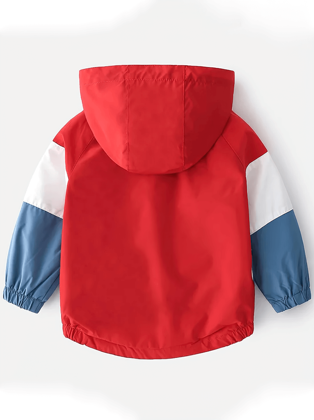 Red and blue Colorblock Hooded Windbreaker Jacket for Kids - SF3603, back view with hood and elastic cuffs.