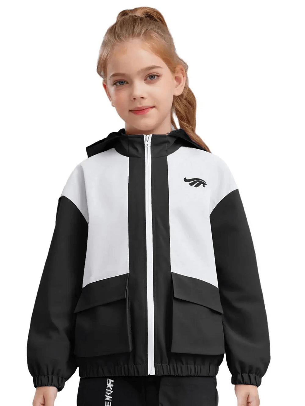 Girl wearing Colorblock Hooded Windbreaker Jacket for Outdoor Wear - SF3699 with stylish panels and elastic cuffs