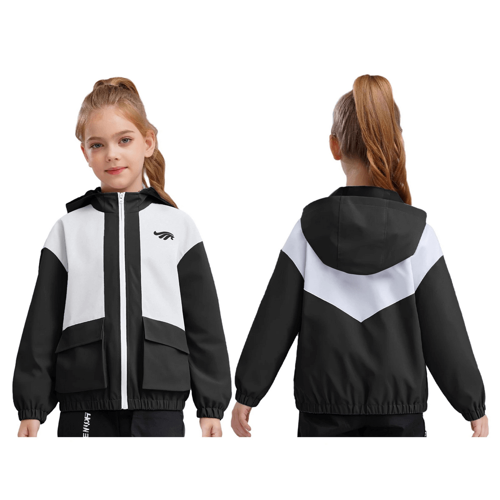 Girl wearing Colorblock Hooded Windbreaker Jacket for Outdoor Wear - SF3699, showcasing stylish panels and secure fit, ideal for active days.