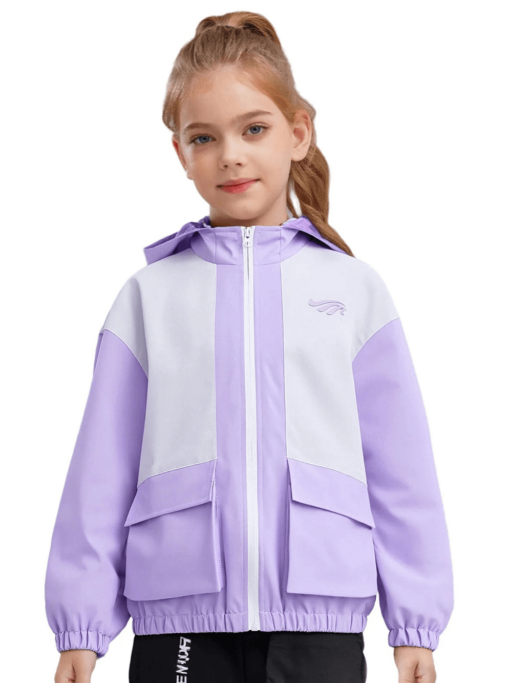 Girl wearing Colorblock Hooded Windbreaker Jacket for Outdoor Wear - SF3699 with stylish panels, perfect for active days.