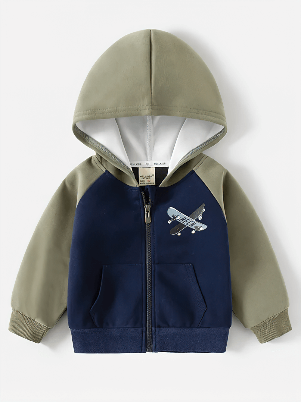 Colorblock Hoodie with Plane Graphic and Zipper - SF3659, kids' navy and gray zip-up hoodie with airplane print