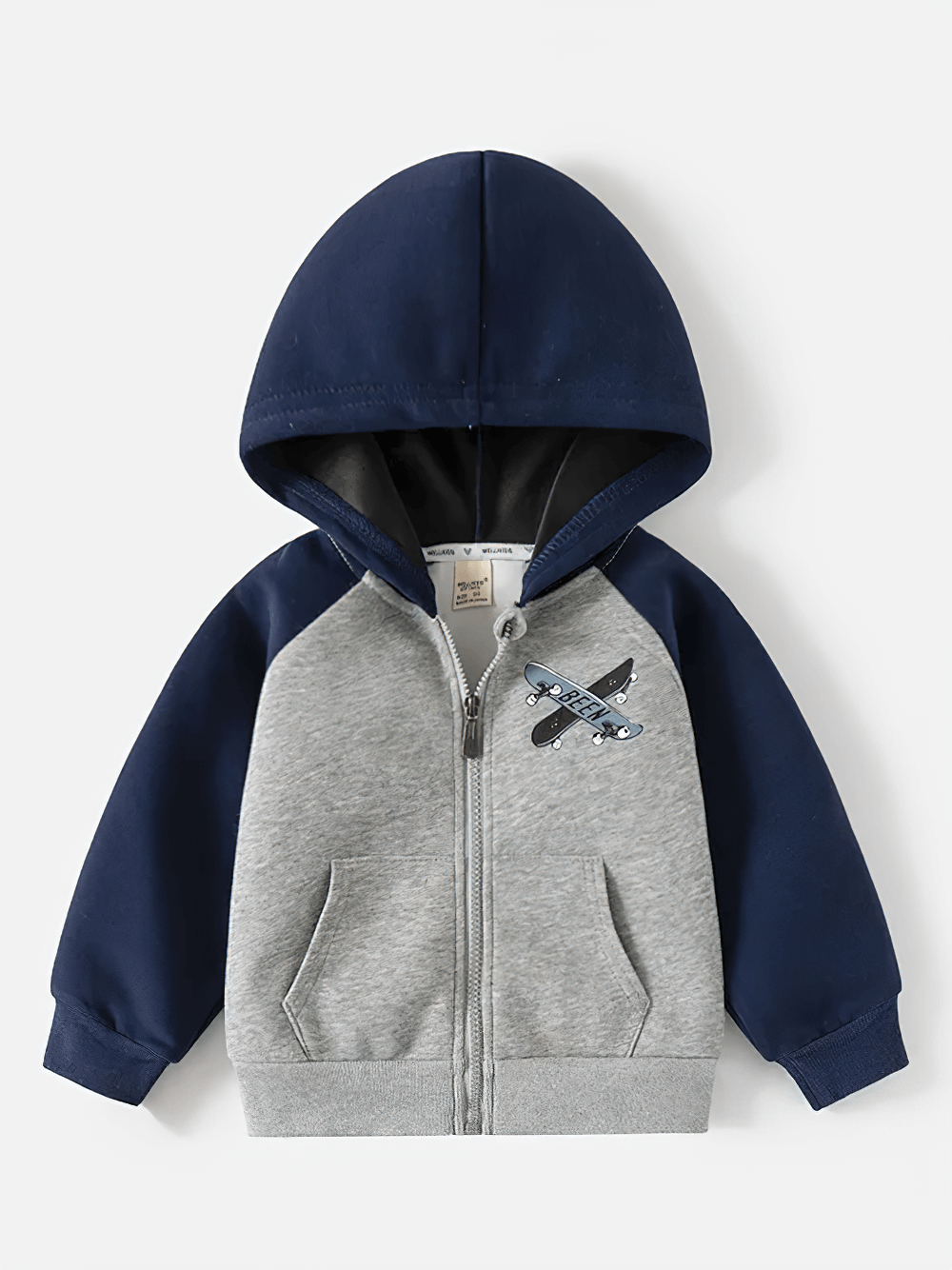 Colorblock Hoodie with Plane Graphic and Zipper - SF3659, trendy kids' zip-up with cozy fabric, gray and navy design, for little adventurers.