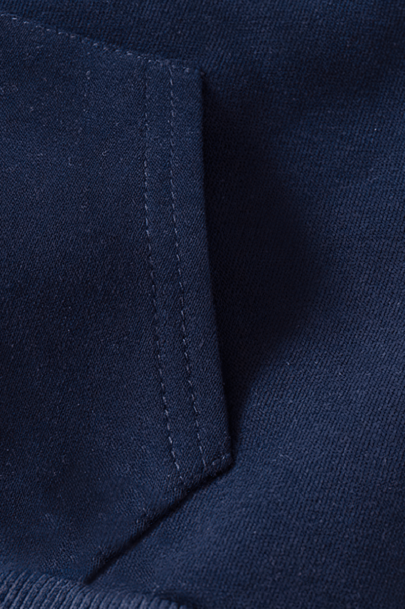 Close-up of navy Colorblock Hoodie with Plane Graphic and Zipper - SF3659 pocket detail.